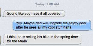 Illustration for article titled Texting my mom about motorcycle gear when, suddenly, Miata appears.